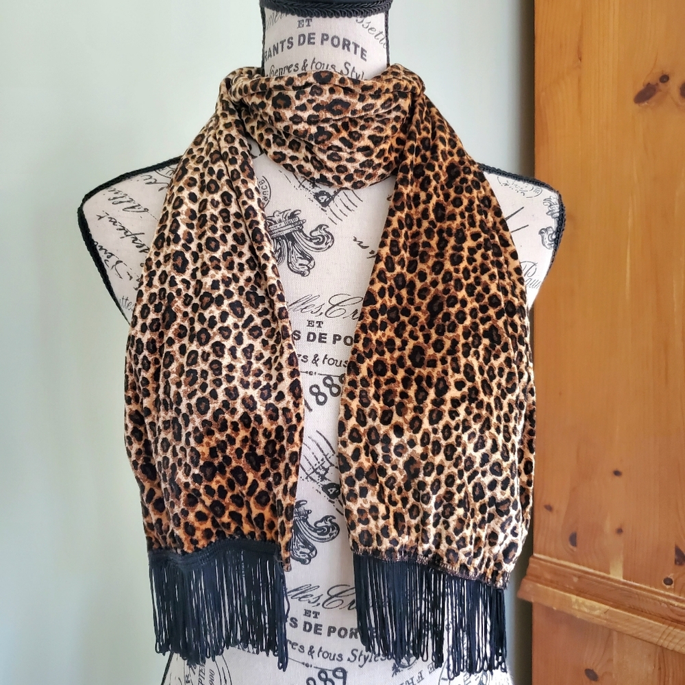 Velour Cheetah Print Tassel Fringe Skinny Scarf